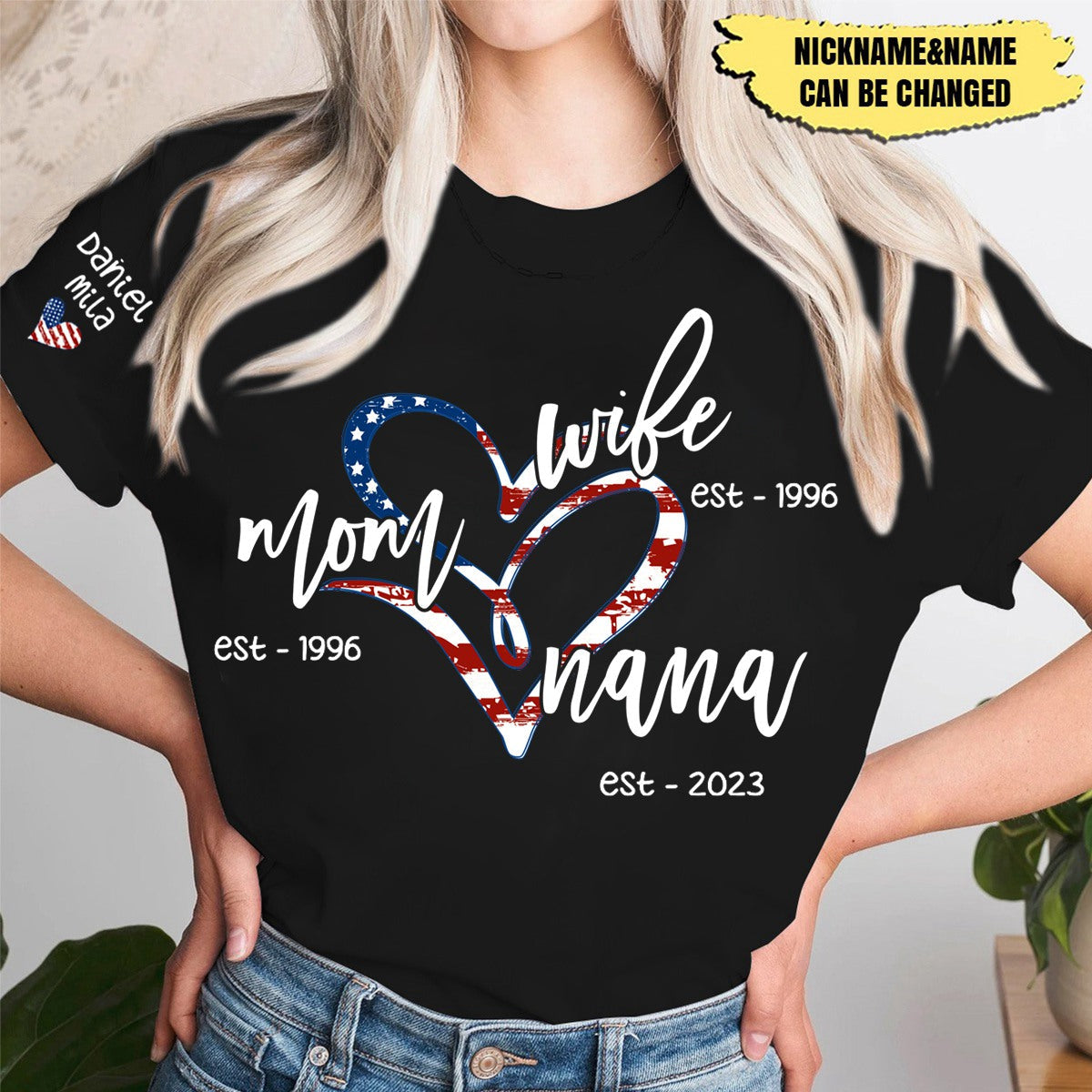 Wife Mom Gigi Est Year And Grandkids Usa Flag Heart Personalized Shirt