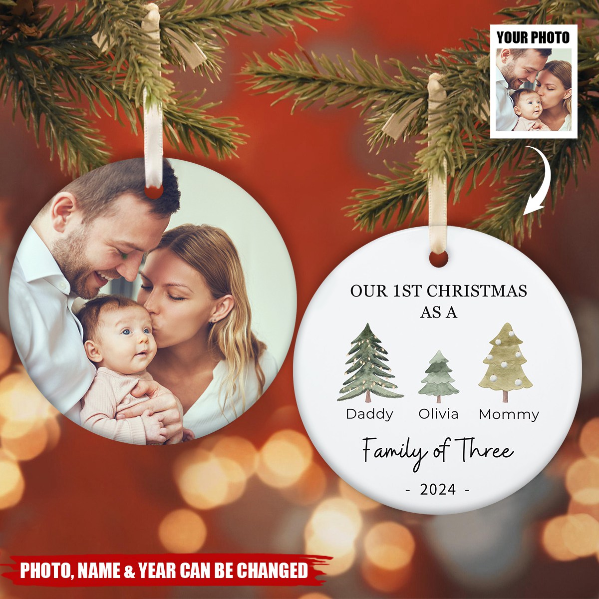 Family of Three Christmas Ornament - Personalized Baby's First Christmas Ornament