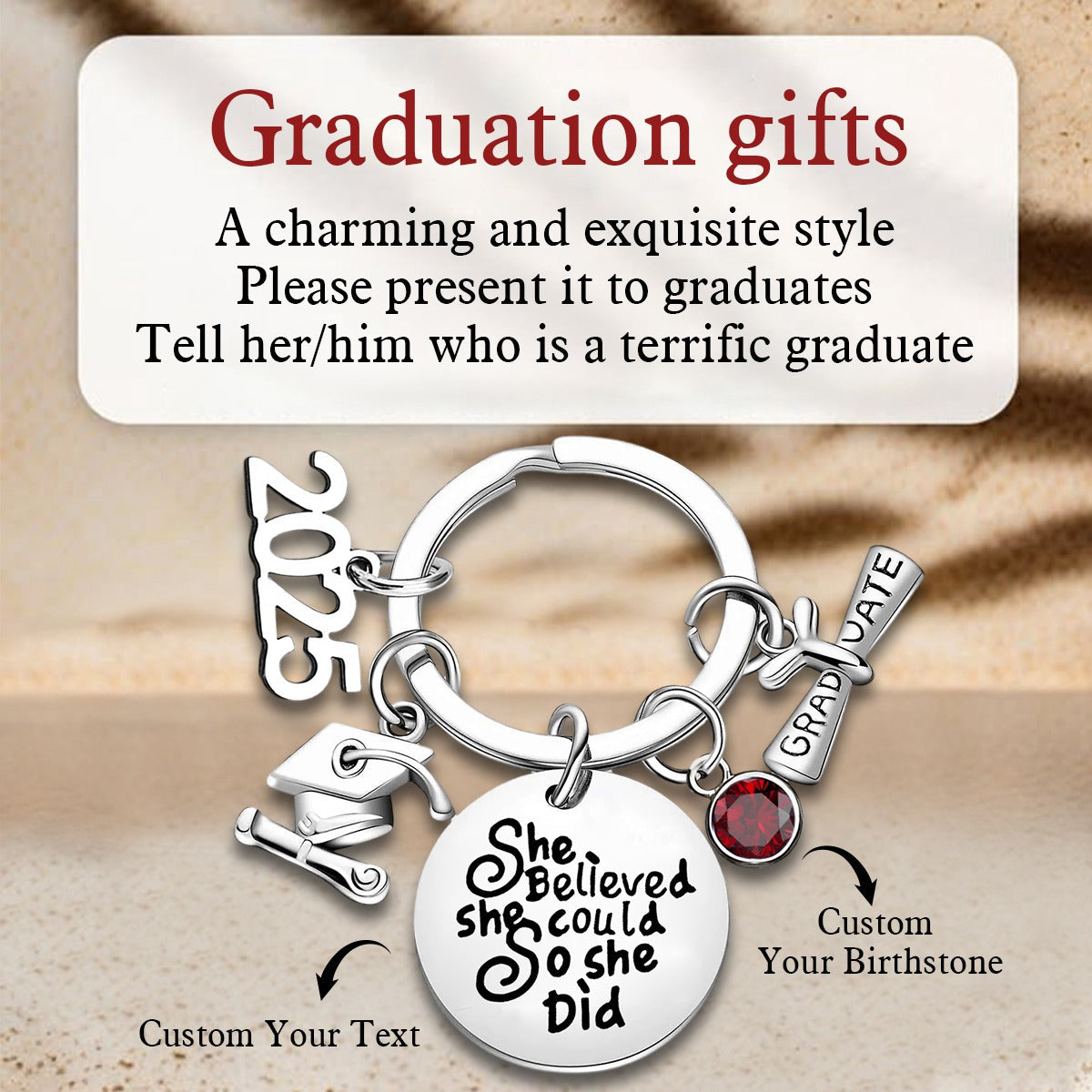 She Believed She Could So She Did - Personalized Graduation Keychain 2025 with Birthstone