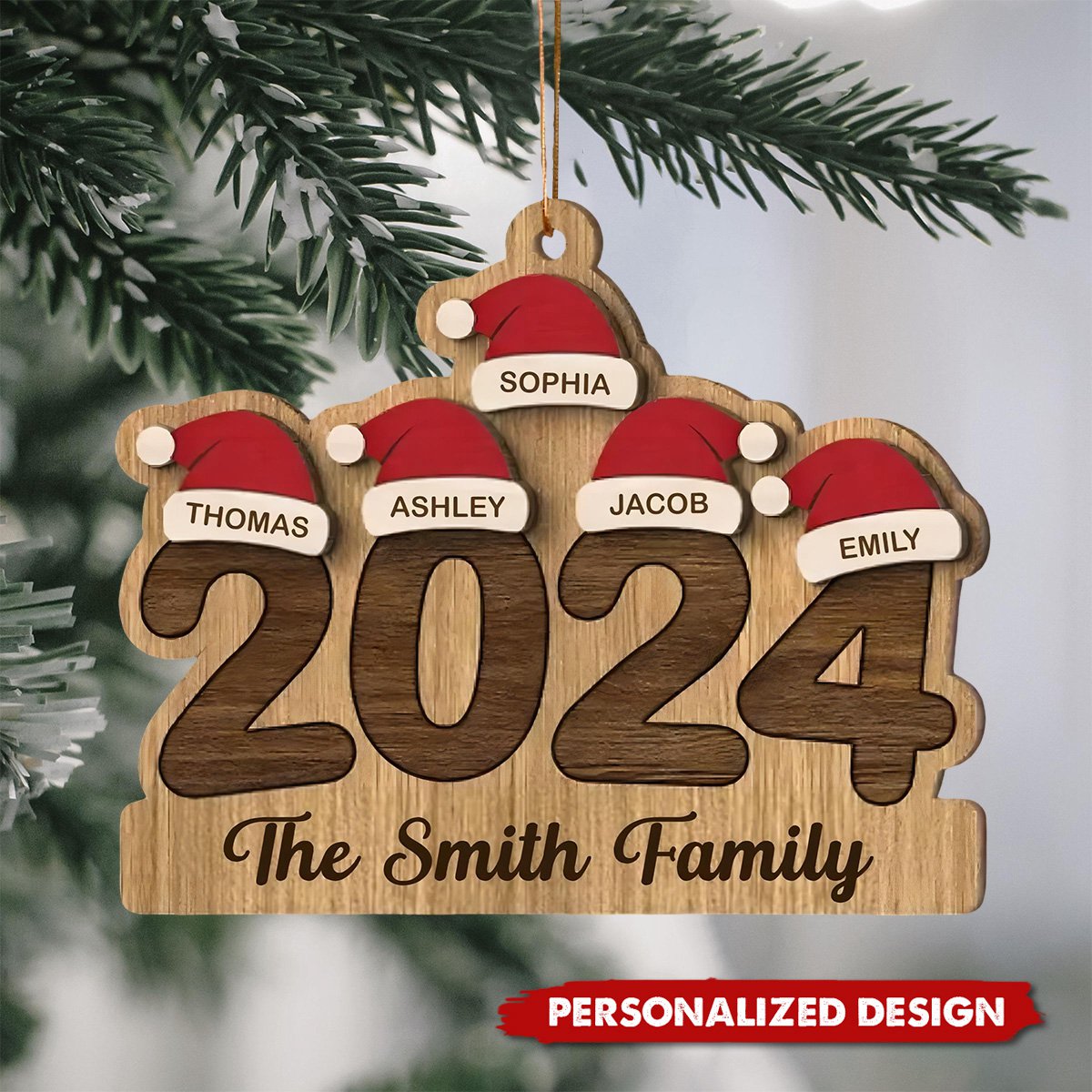 2024 Family Members Names Christmas Hat Personalized Wooden Ornament