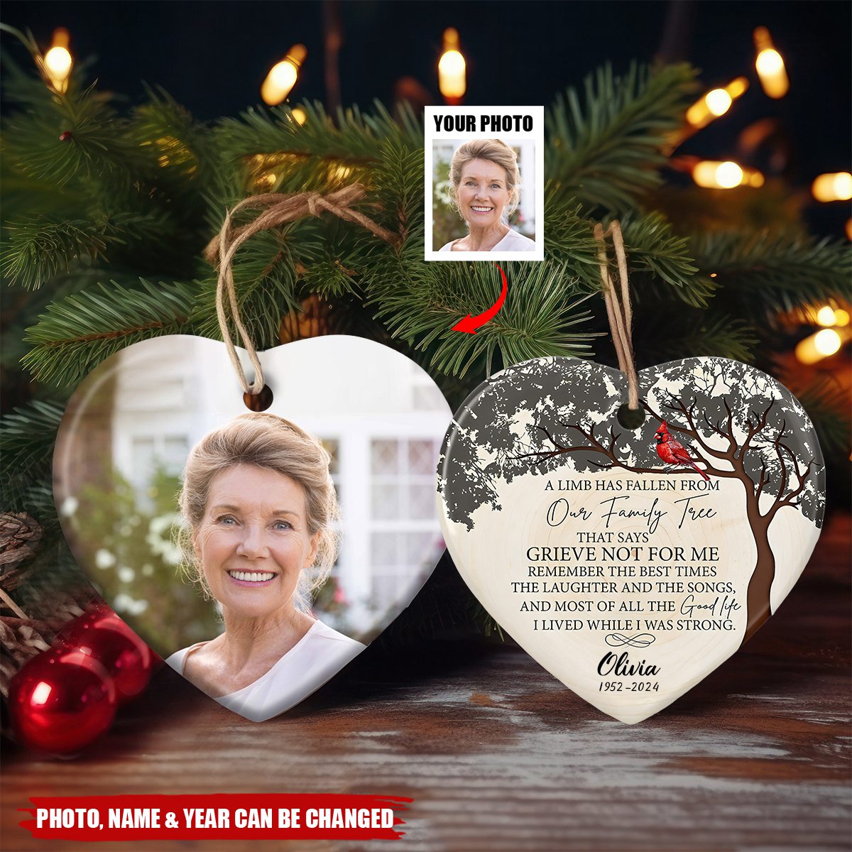 Personalized Memorial Cardinal Heart Shaped Ceramic Ornament