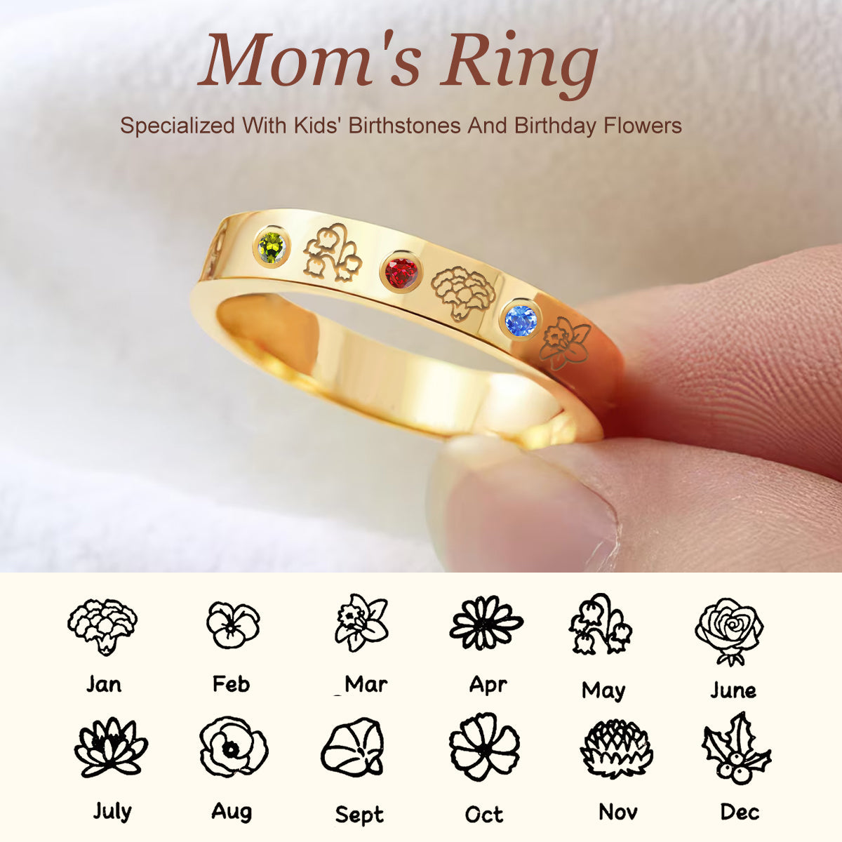 Specialized With Family's Birthstones And Flowers-Personalized Mom's Ring