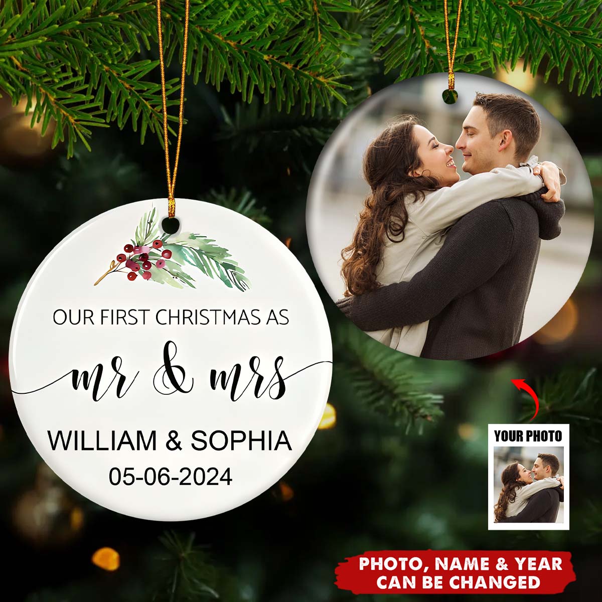 First Christmas As Mr. And Mrs. Personalized Circle Ceramic Ornament