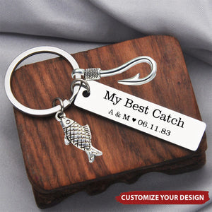 Personalize Initials and Date My Best Catch Keychain - Husband Boyfriend Fishing Gift