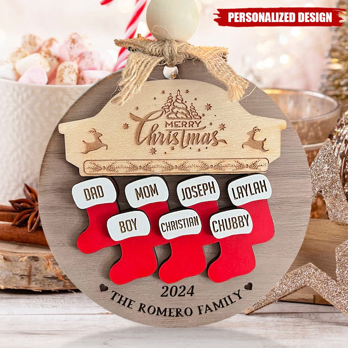 Personalized Custom Wooden Family Christmas Stocking Ornaments