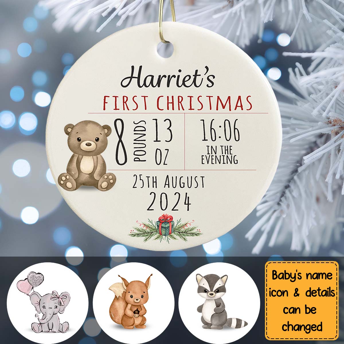 Personalized Baby's First Christmas Animal Circle Ornament