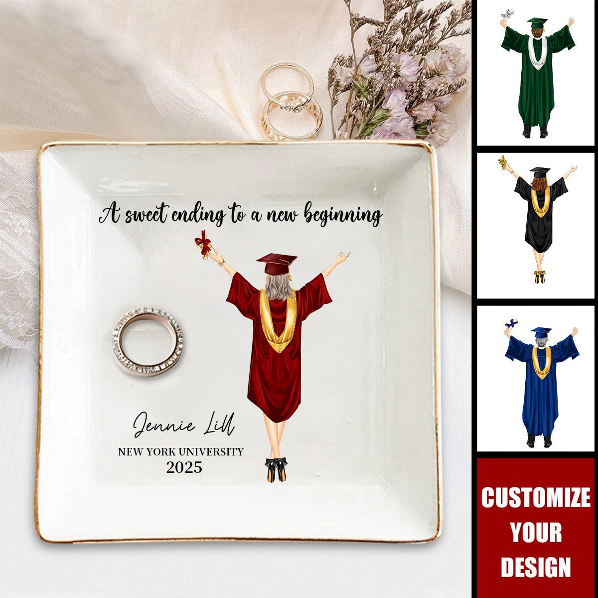 A Sweet Ending To A New Beginning - Personalized Jewelry Dish, Gift for Graduate