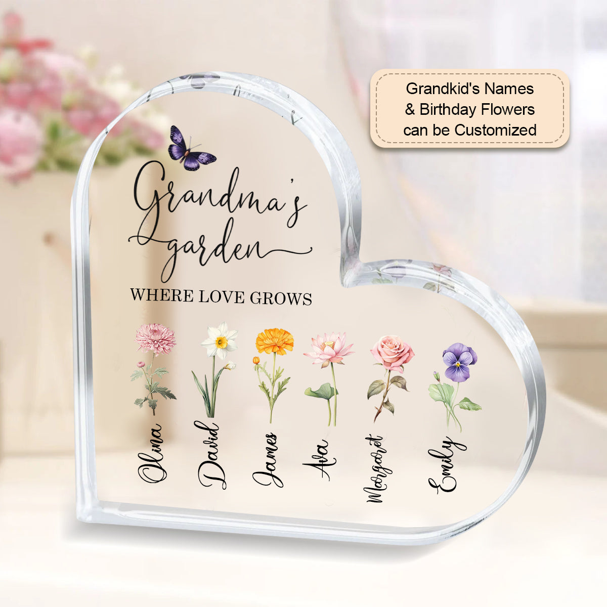 Personalized Grandma's Mom's Garden Birth Month Flower Heart Acrylic Plaque