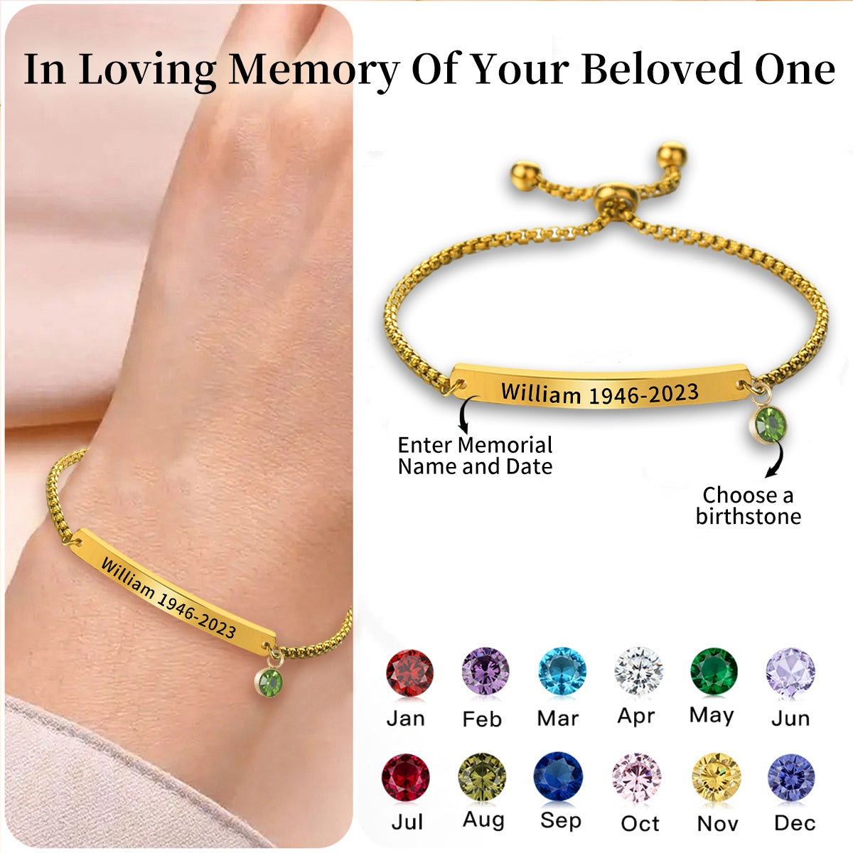 Personalised Birthstone Bracelet, Memorial Bracelet for Loss of Loved One