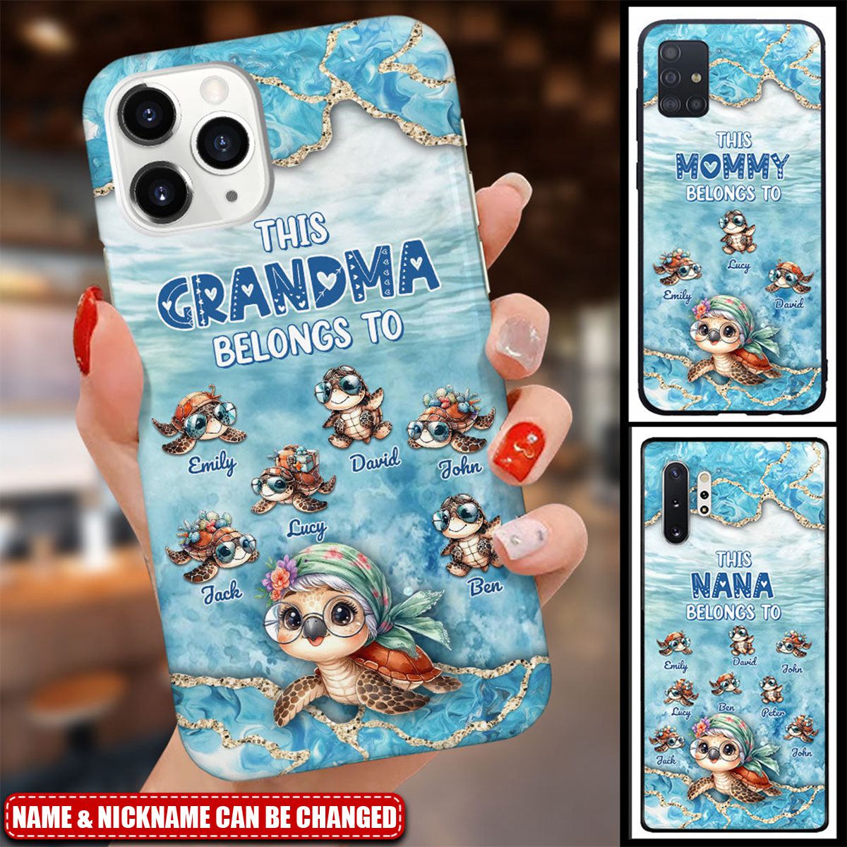 This Grandma Turtle Belongs To Grandkids Beneath Ocean Background Personalized Phone Case