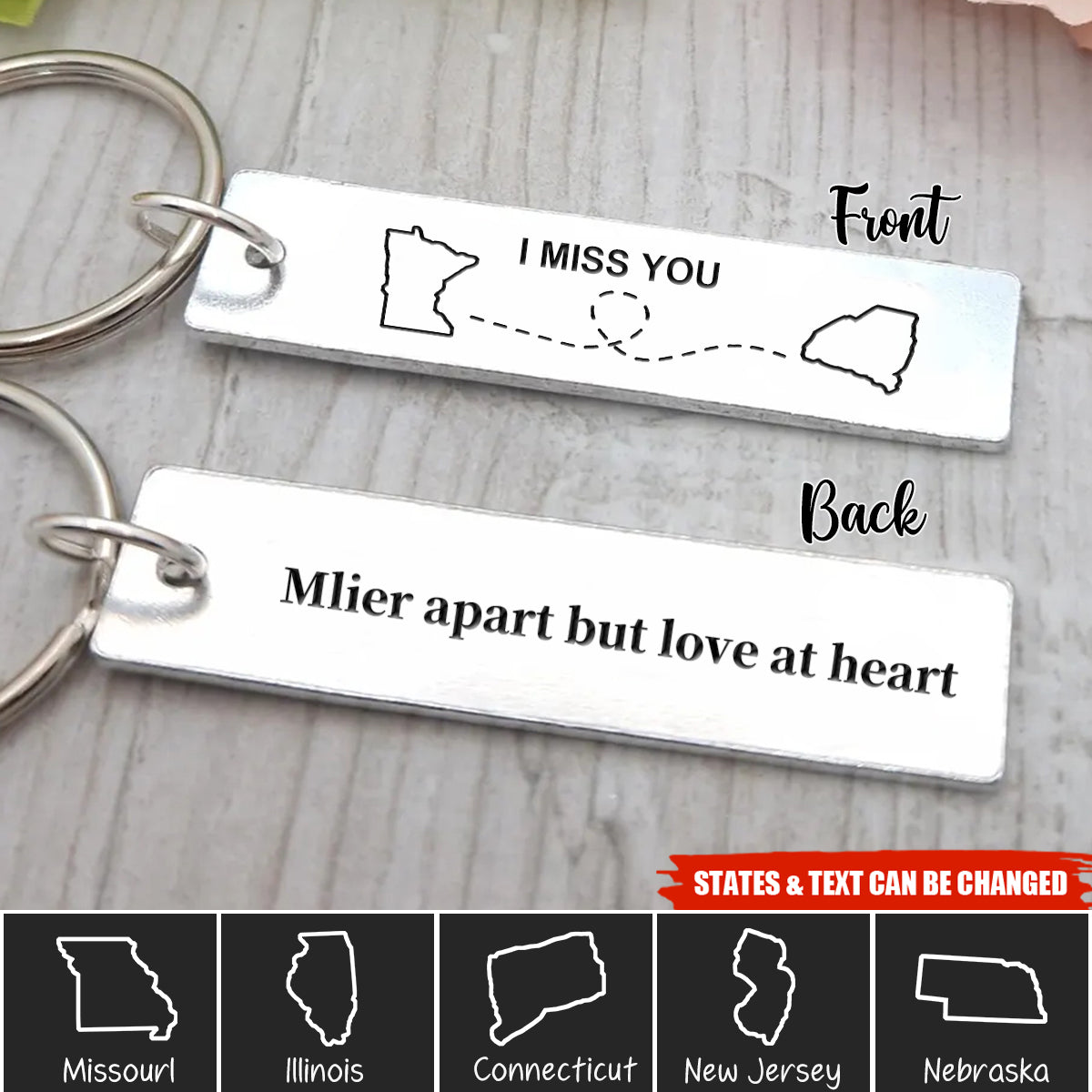 Personalized Double Sided State To State Keychain, Long Distance Gift