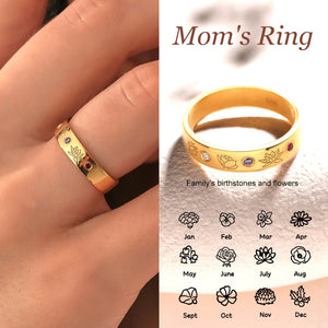 Specialized With Family's Birthstones And Flowers-Personalized Mom's Ring