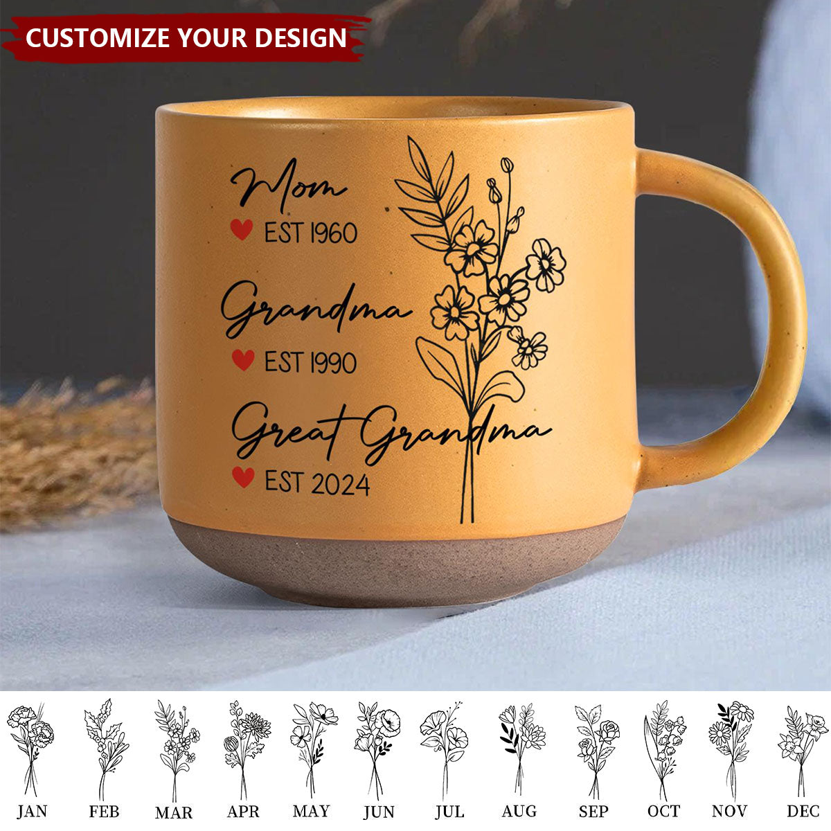 Birth Flower Family Gift - Personalized Pottery Mug