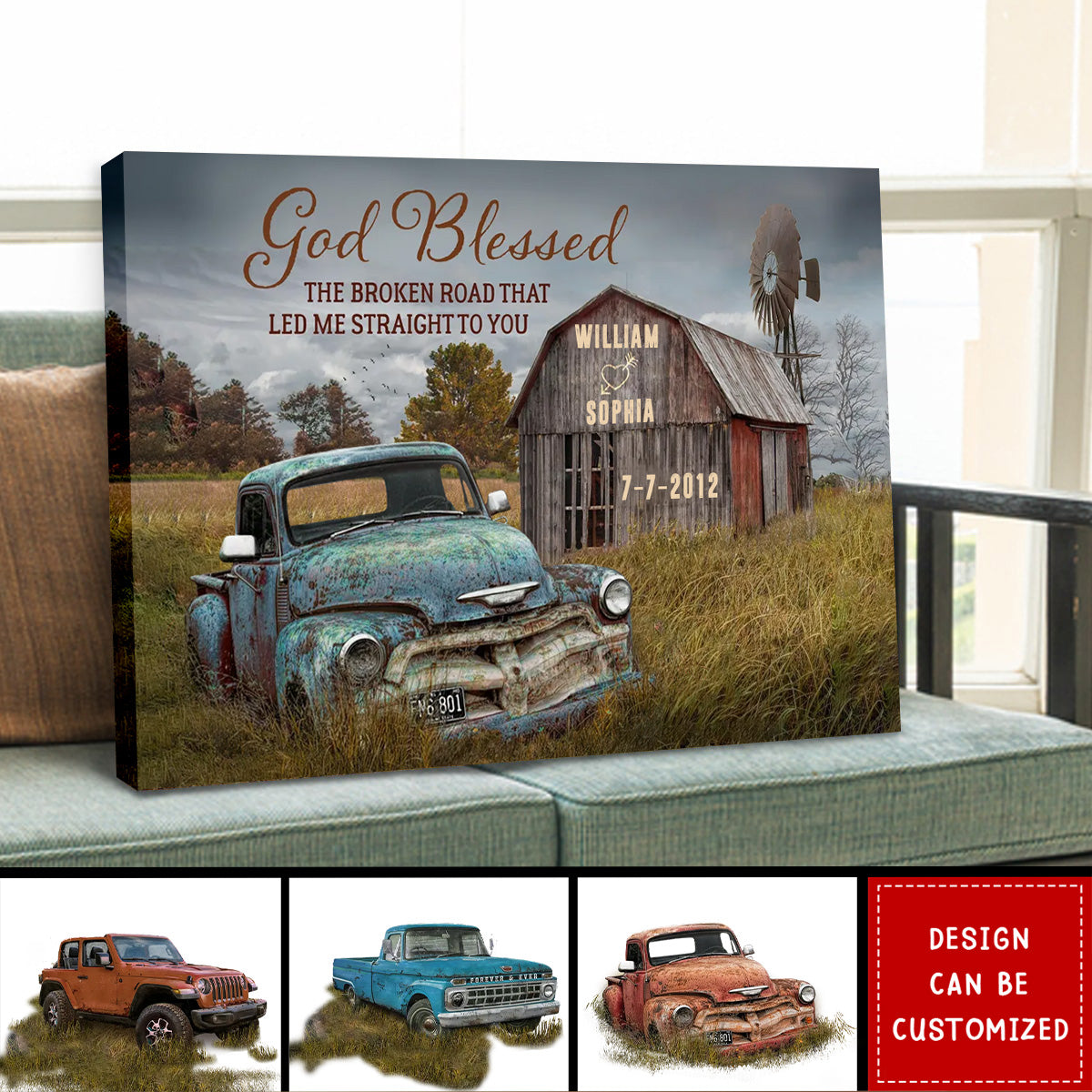 Personalized God Blessed The Broken Road Old Barn and Vintage Vehicle Canvas