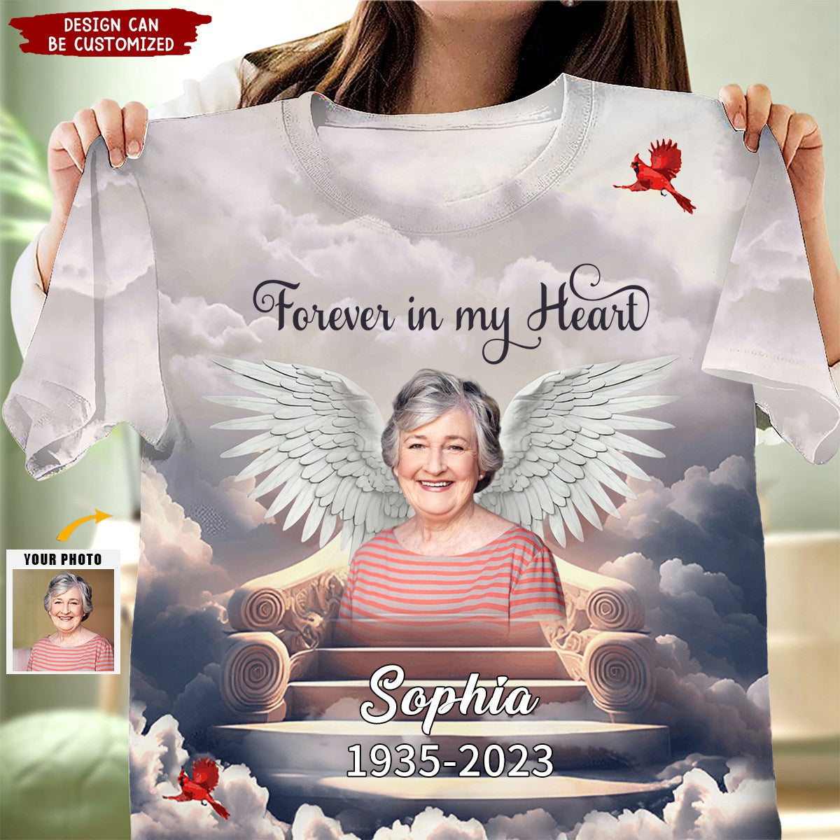 Memorial Upload Photo Wings, In Loving Memory In Heaven Personalized 3D T-shirt