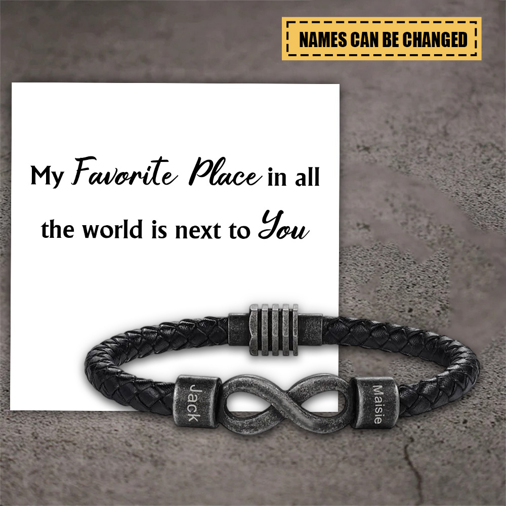 Personalized Dual Name Infinity Leather Bracelet - Gift For Man Bracelet