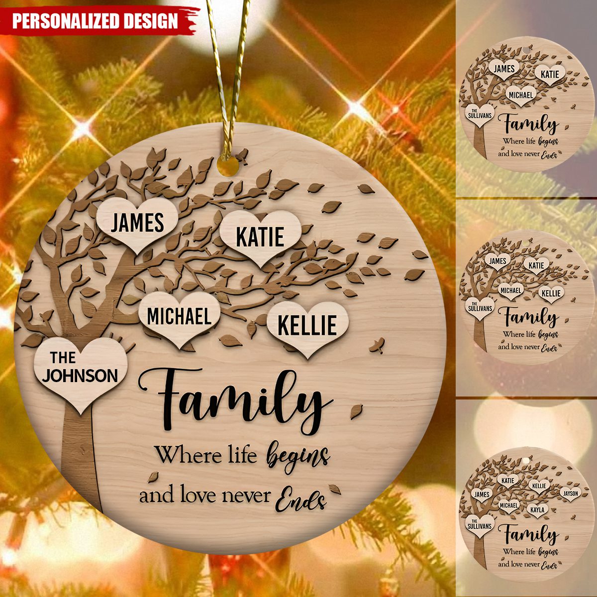 Family Where Life Begins and Never Ends Personalized  Ceramic Christmas Ornament