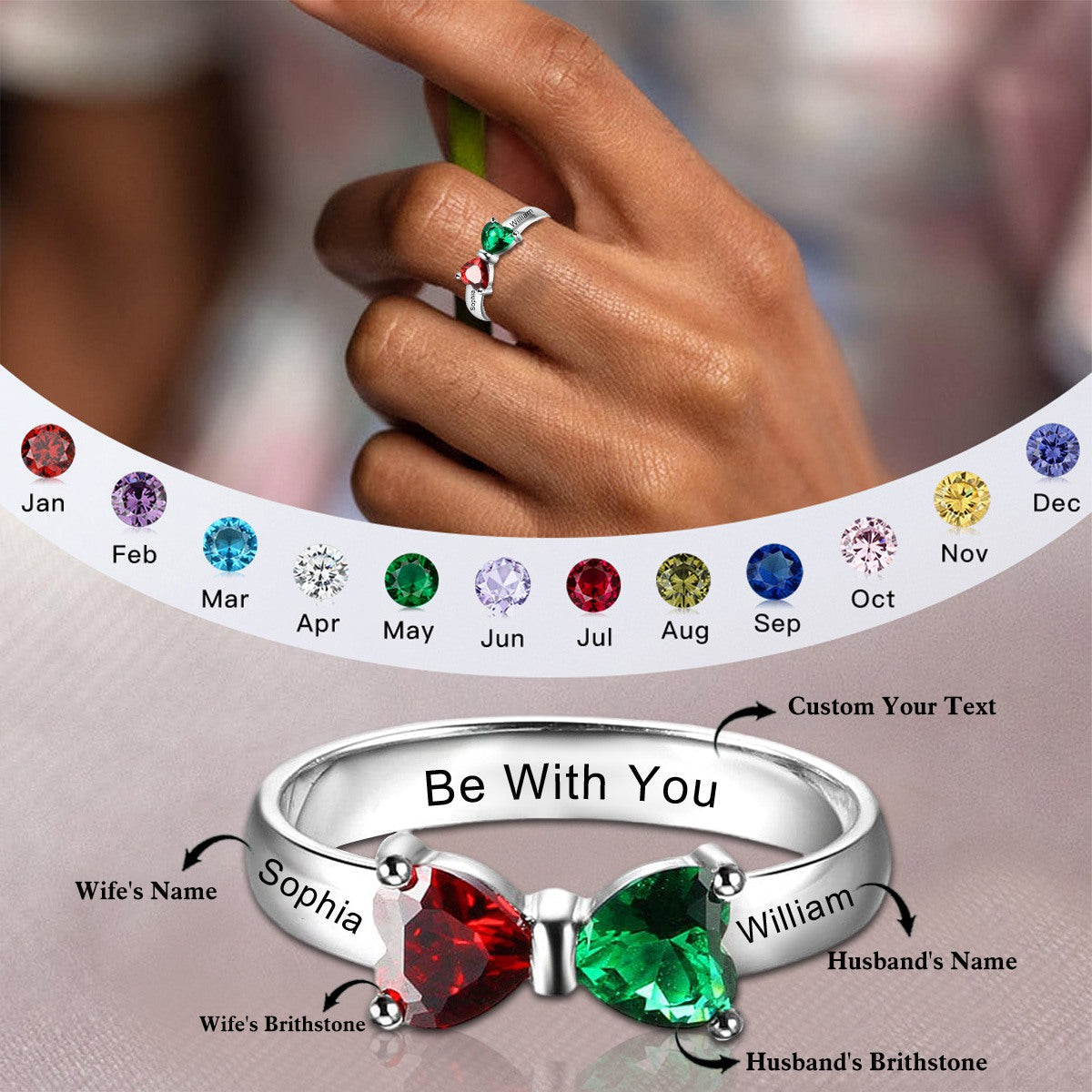 Personalized Ring with Heart Birthstones & Names for Wife Girlfriend ...