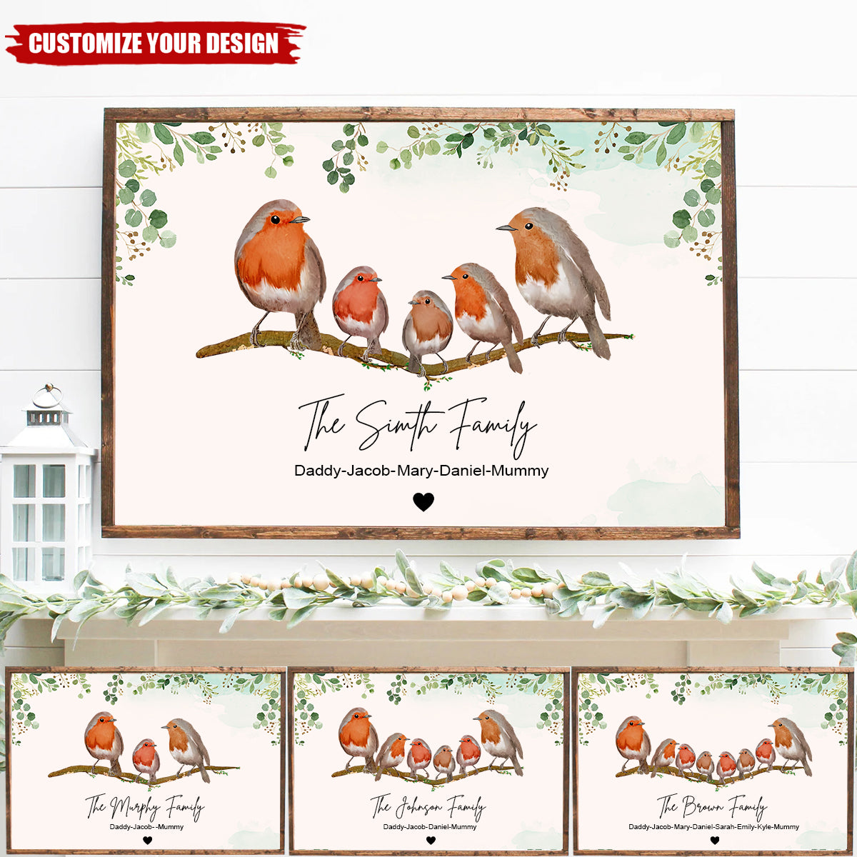 Personalised Family Gift - Robins Family Portrait - Birds on branch Wall Decor Poster