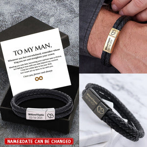 To My Man,Personalized Leather Stainless Steel Men's Engraved Bracelet