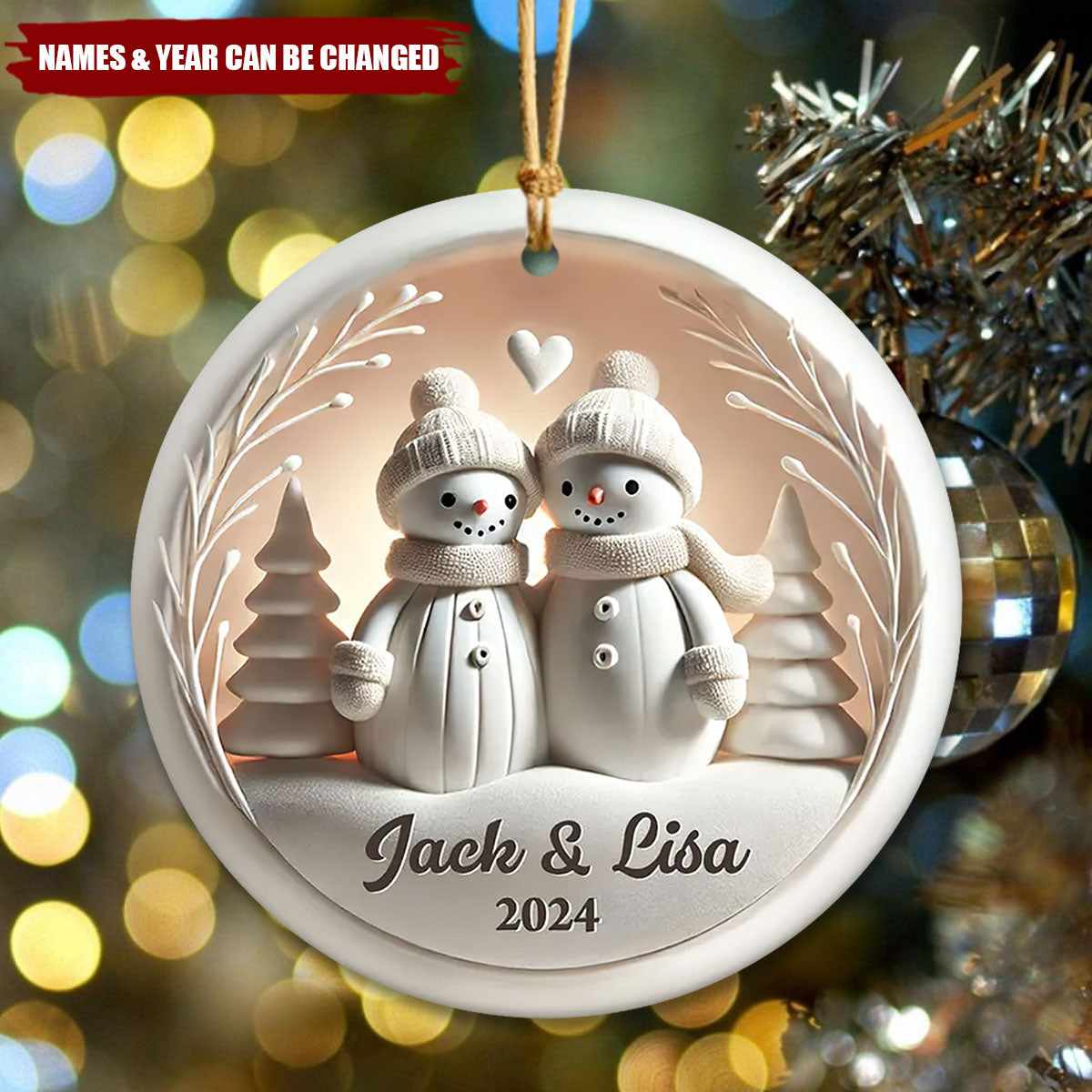 Personalized Snowman Couple White 3D Effect Ceramic Ornament