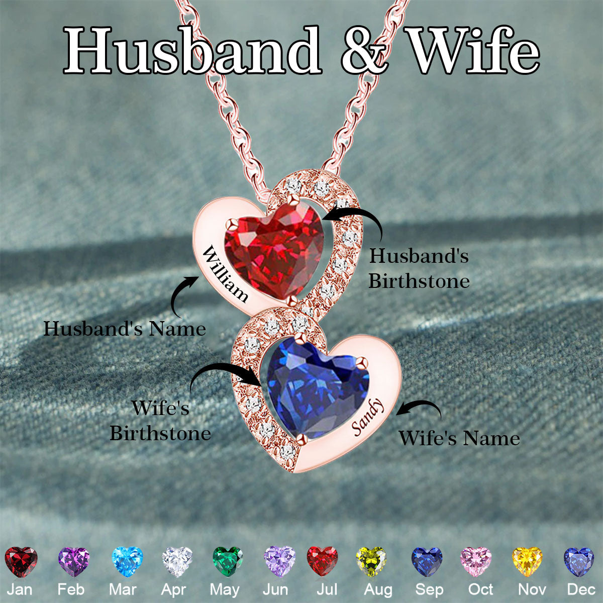 Personalized Two Heart Together Forever Birthstone Necklace