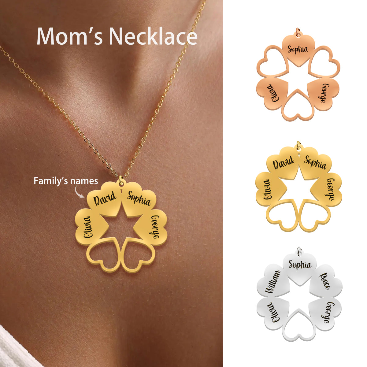 Personalized Hearts Clover Necklace With Kids' Names For Mom