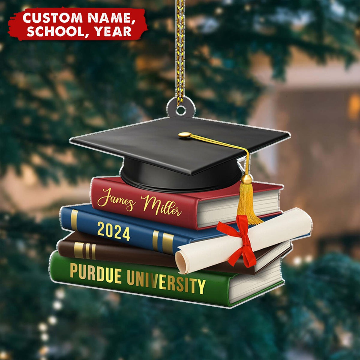 Personalized Graduation Cap Ornament With Books, Class of 2024 2025 Ornament