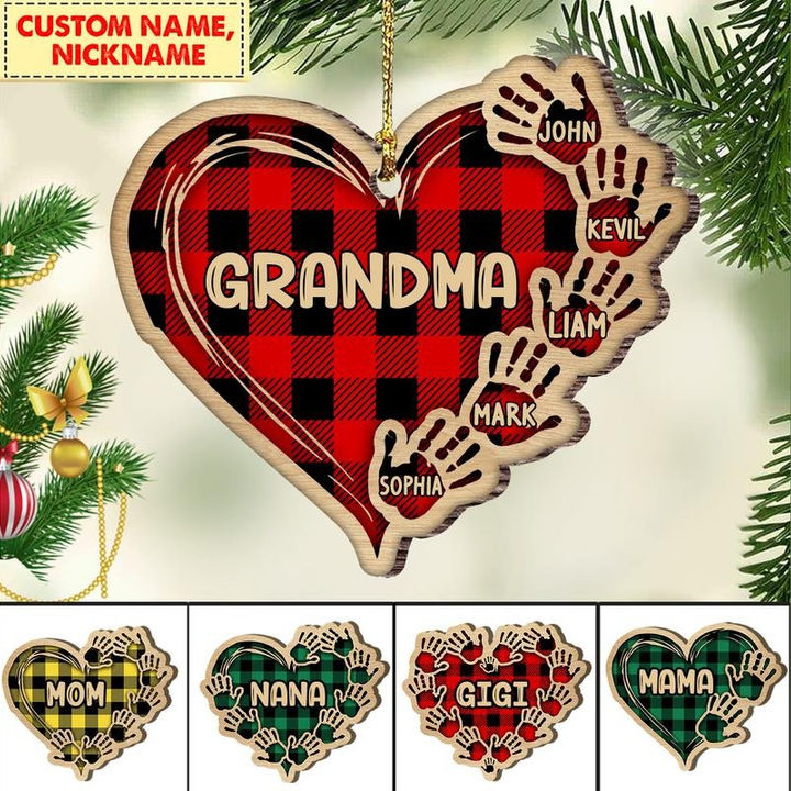 Grandma Mom Heart Kids Hand Print Personalized Wood Ornament