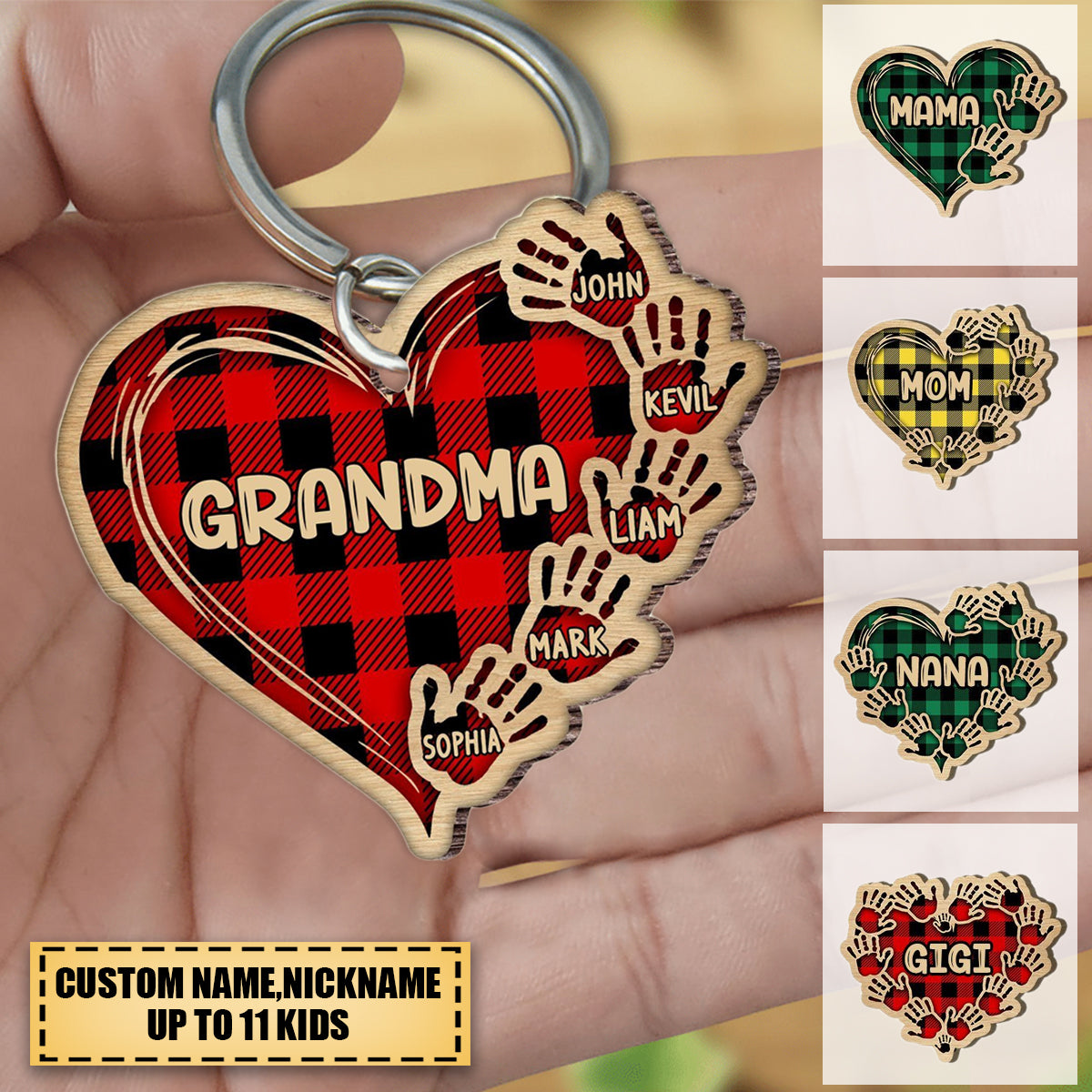 Grandma Mom Heart Hand Print Personalized Wood Keychain