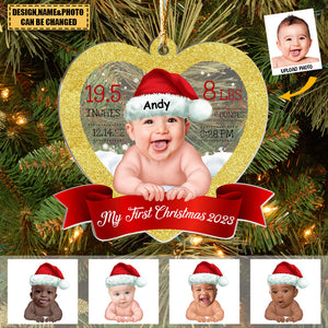 Custom Transparent Ornament from Photo - Baby Glitter Heart - My First Christmas