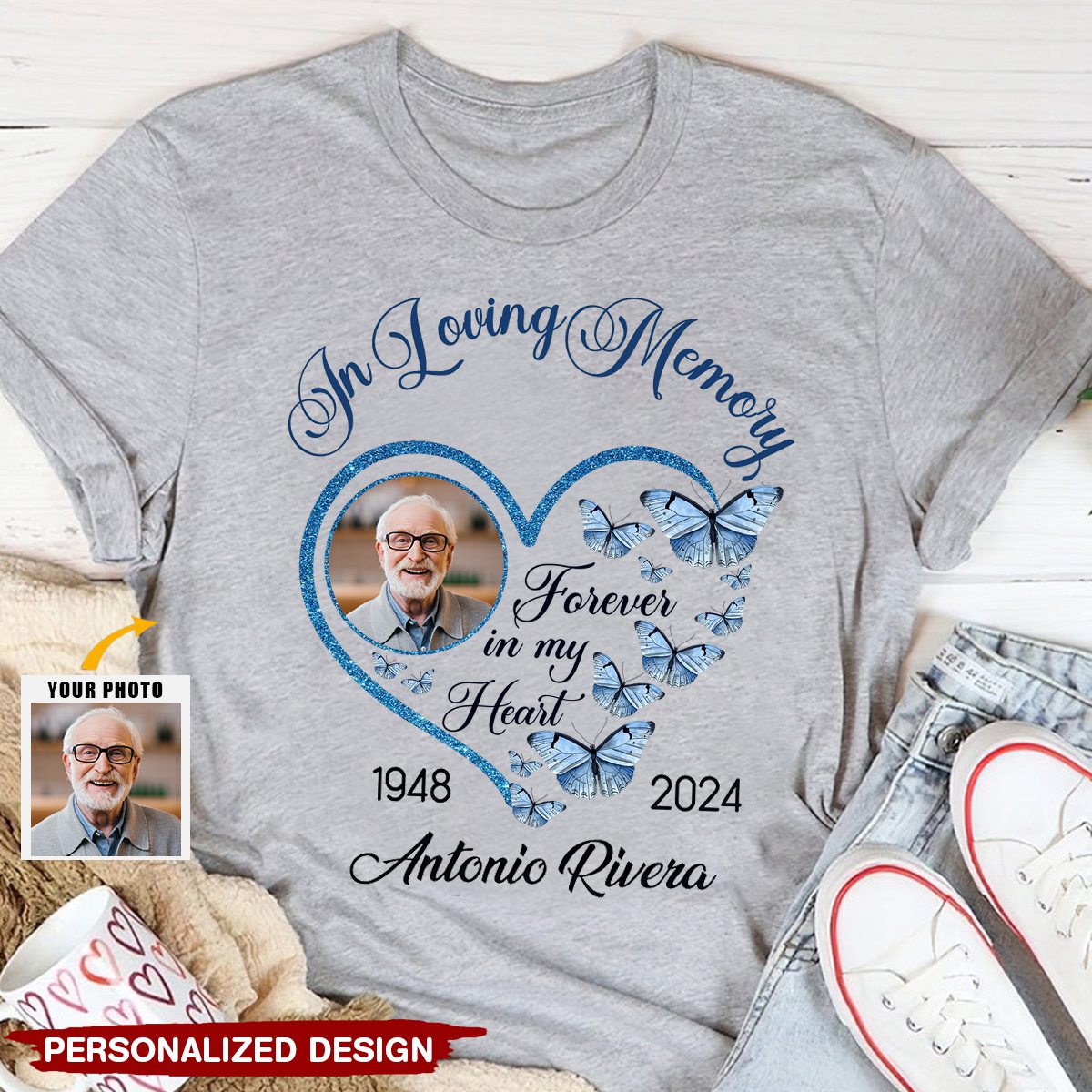 In Loving Memory Sparkling Heart Memorial Butterflies Personalized T-shirt