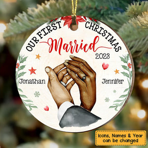 Gift For Couple Holding Hands Our First Christmas Personalized Circle Ornament