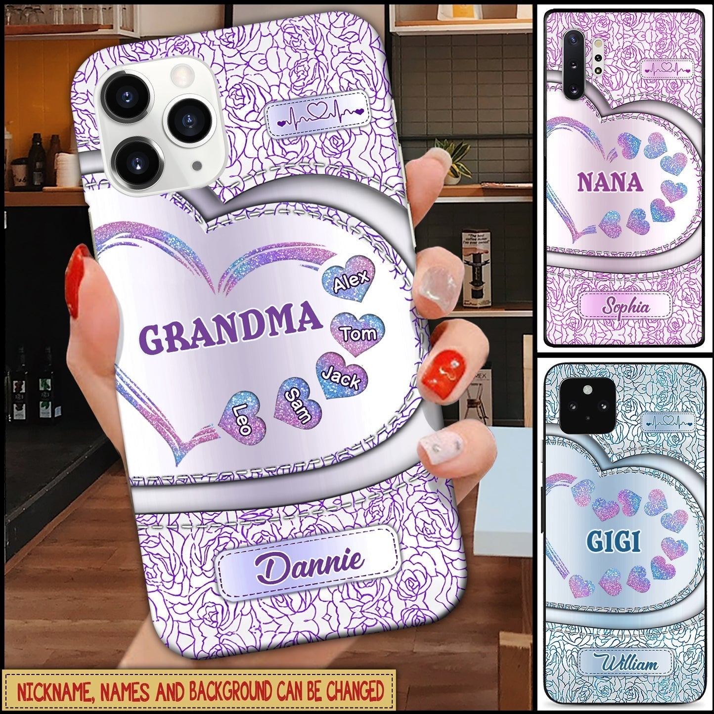 Floral Glitter Grandma - Mom Heart Kids, Gift For Nana Auntie Mommy Glass Phone case