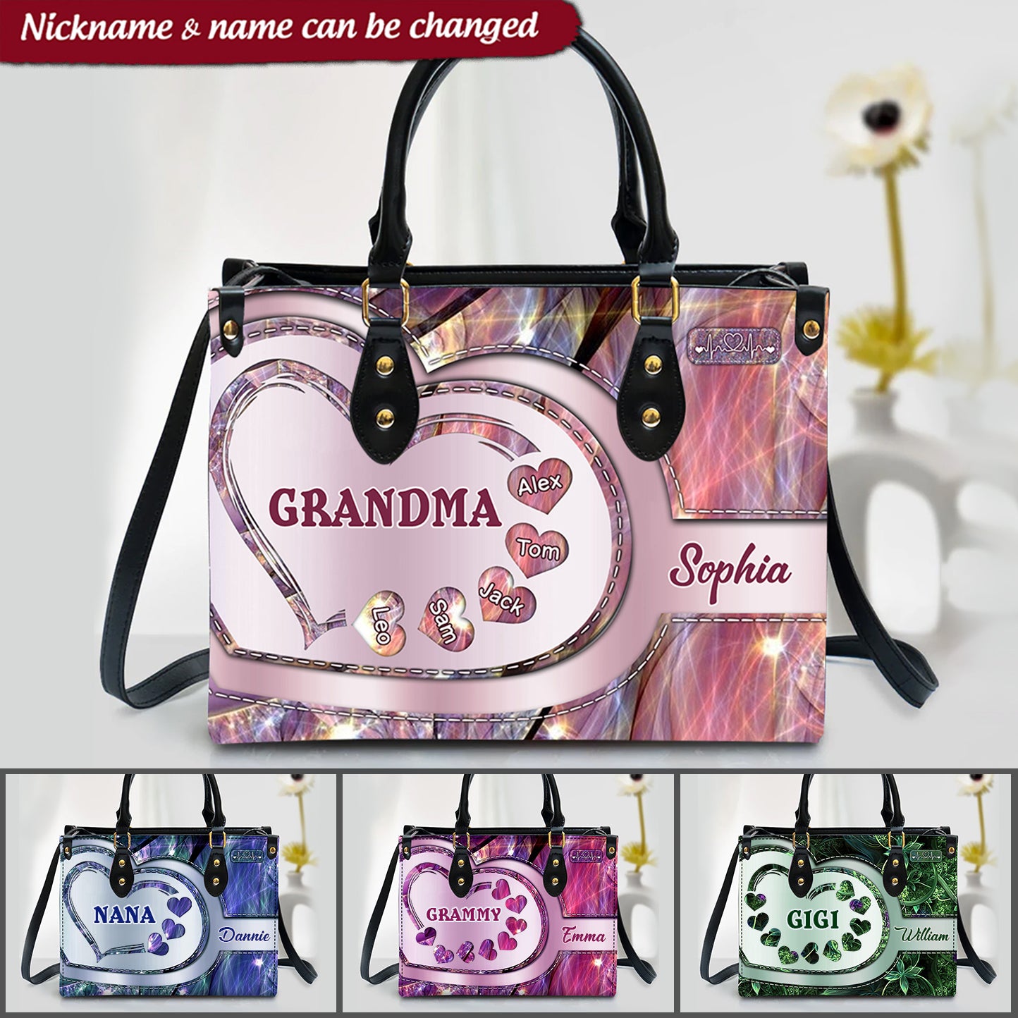 Sparkling Grandma- Mom With Sweet Heart Kids, Multi Colors Personalized Leath Handbag